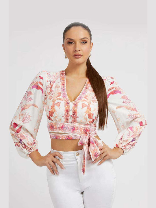 Guess Gisel Top de Damă Crop cu Mânecă Lungă cu Decolteu în V Floral Reclaimed Romance