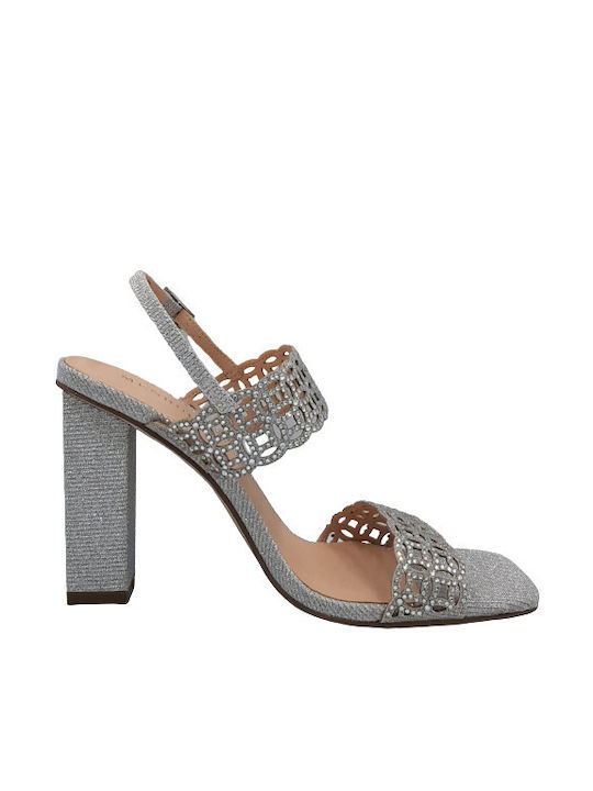 Menbur Women's Sandals with Strass Silver with Chunky High Heel 023652-09