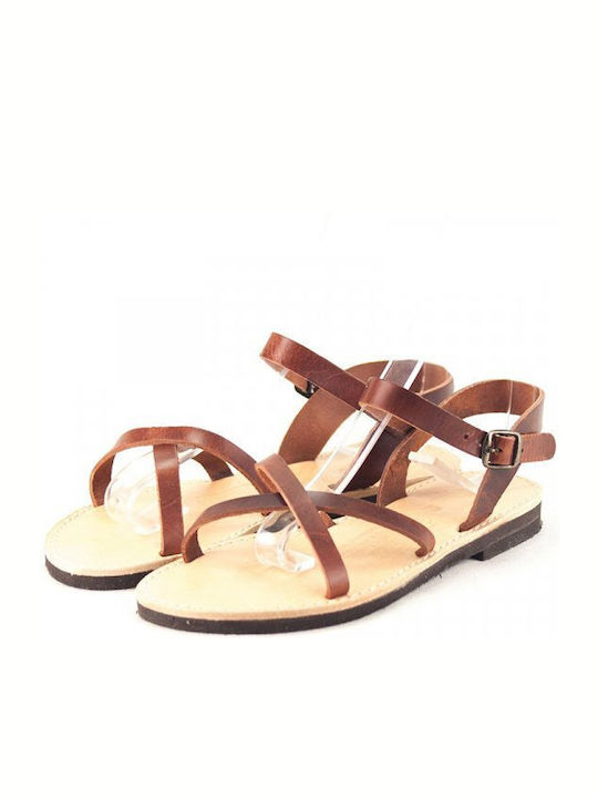 Kouros Leather Women's Flat Sandals with Strap in Brown Color