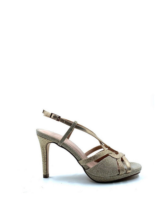 Menbur Leather Women's Sandals with Strass & Ankle Strap Gold with Chunky Medium Heel