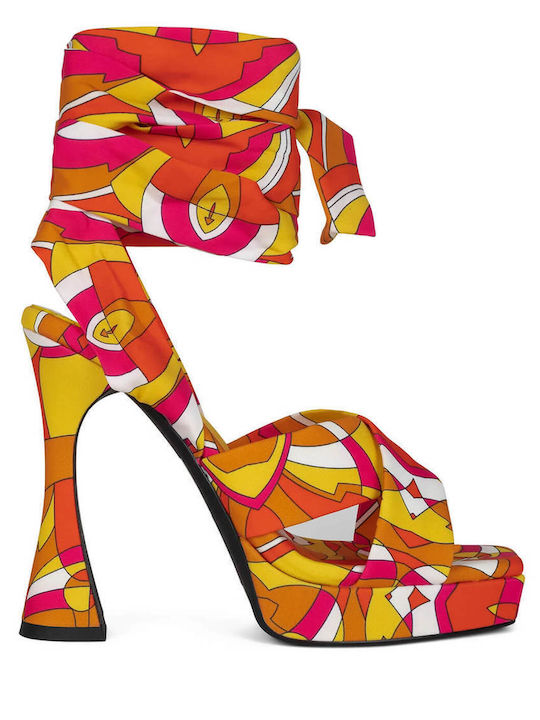 Jeffrey Campbell Fabric Women's Sandals with Laces Yellow with Chunky High Heel
