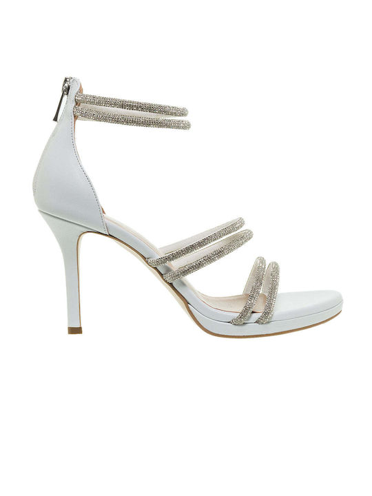 Mourtzi Leather Women's Sandals with Strass & Ankle Strap White with Thin High Heel