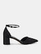 Suede Pointed Toe Black Medium Heels with Strap