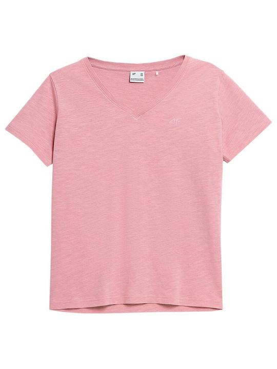 4F Damen T-Shirt mit V-Ausschnitt Rosa