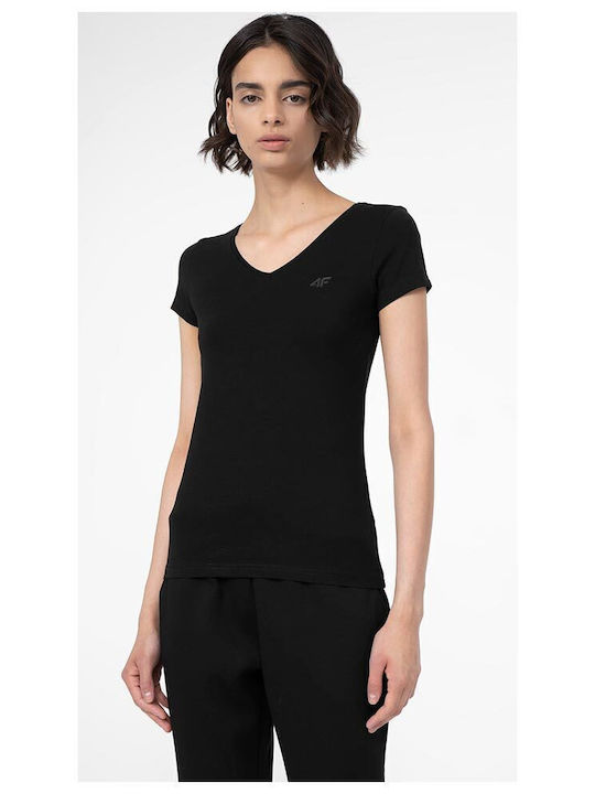 4F Damen Sport T-Shirt mit V-Ausschnitt Schwarz
