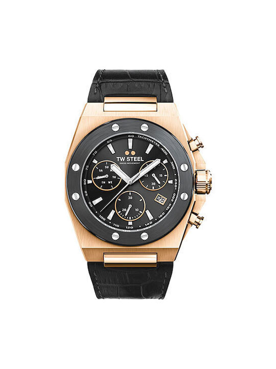 TW Steel Battery Chronograph Watch with Leather Strap Black CE4084