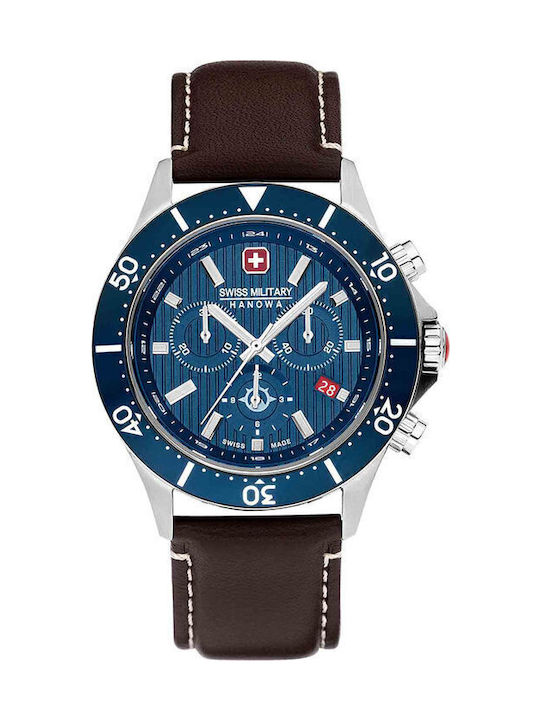 Swiss Military Hanowa Herrenuhr Chronograph Batterie mit Braun Lederarmband