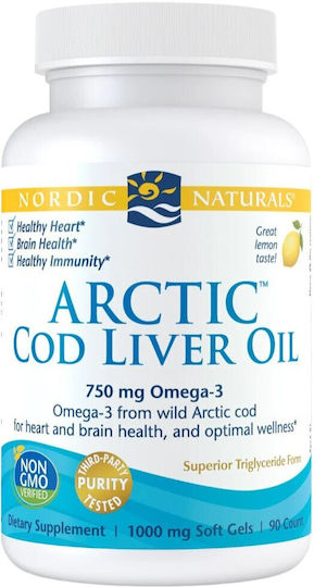 Nordic Naturals Arctic Cod Liver Oil Рибено Масло 750мг 90 Меки Капсули с Вкус Лимон