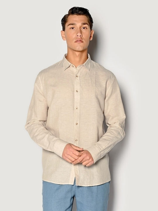 Brokers Jeans Men's Shirt Long Sleeve Linen Beige