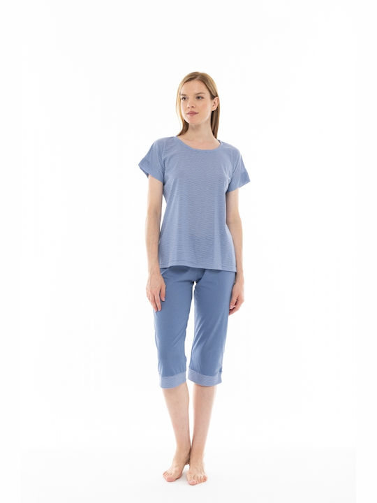 Pink Label Sommer Damen Pyjama-Set Baumwolle Hellblau