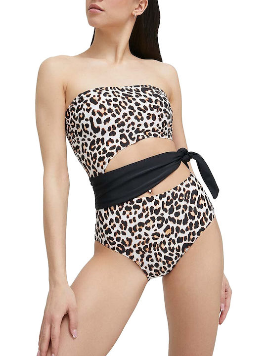 Strapless Ολόσωμο Μαγιό με Ανοίγματα Animal Print Καφέ