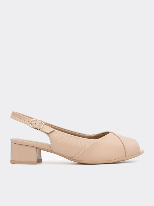 Leder Peeptoe Pumps mit Riemchen & flacher Absatz Beige