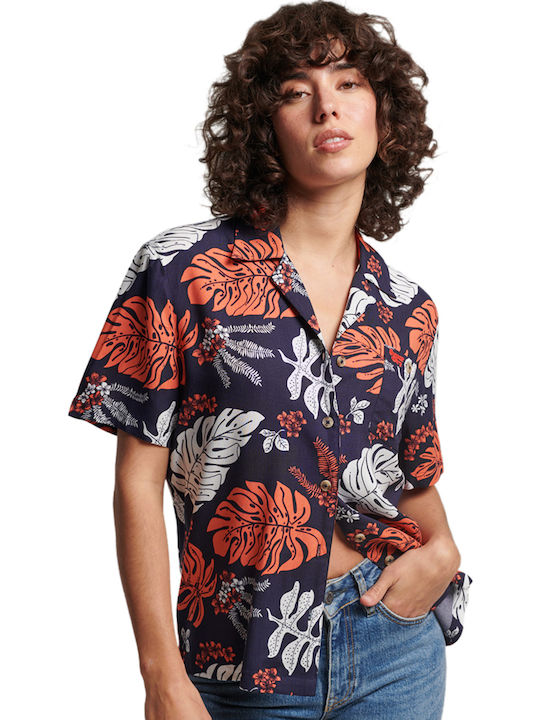 Superdry Κοντομάνικο Γυναικείο Πουκάμισο Navy Μπλε