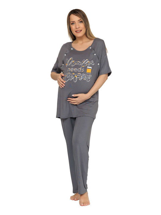 Pregnancy and breastfeeding pajamas ''mama needs coffee'' (36018) - Grey