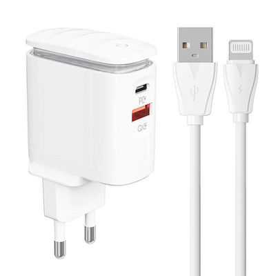 Ldnio Φορτιστής με Θύρα USB-A και Θύρα USB-C και Καλώδιο Lightning 25W Power Delivery / Quick Charge 3.0 Λευκός (A2423C)