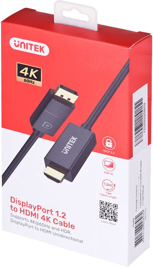 Unitek Cable DisplayPort male - HDMI male 1.8m Μαύρο (V1608A)
