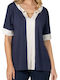 Derpouli Summer Women's Blouse Short Sleeve with V Neckline Navy Blue
