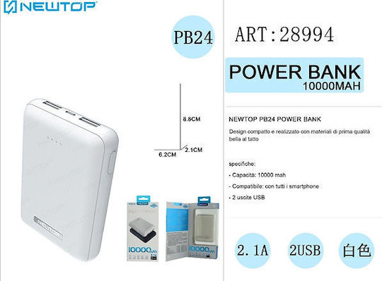 Newtop PB24 Power Bank 10000mAh cu 2 Porturi USB-A Alb