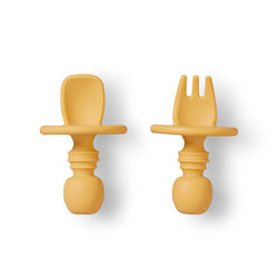 Saro Baby Set with Fork Antichocking Made of Silicone for 4+ Months Ocher 2 Pieces