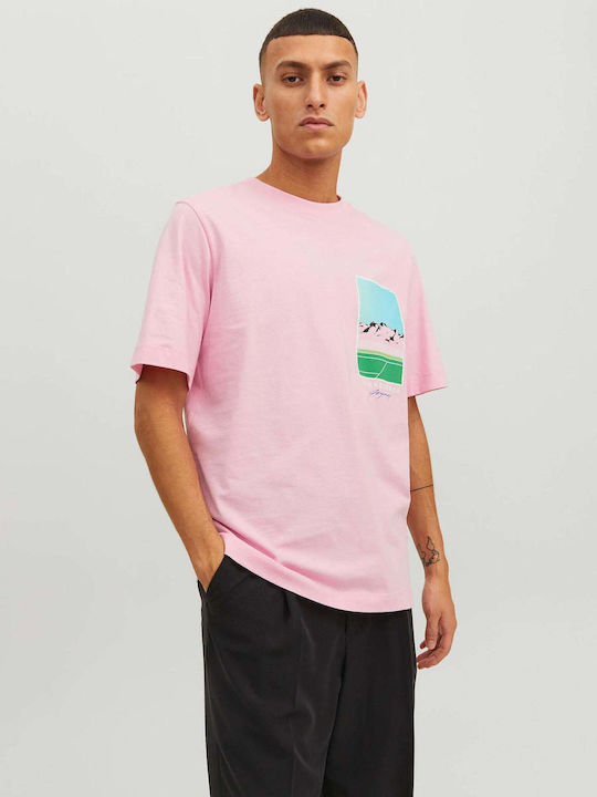 Jack & Jones Ανδρικό T-shirt Ροζ με Στάμπα