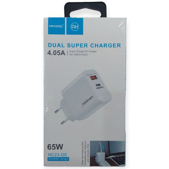 QIHANG Charger Without Cable with USB-A Port and USB-C Port 65W Power Delivery / Quick Charge 3.0 Whites (NC23-DE)