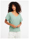 Women's Summer Blouse Short Sleeve Striped Green