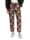 Damen Stoff Hose mit Gummizug in Normaler Passform Blumen Rosa