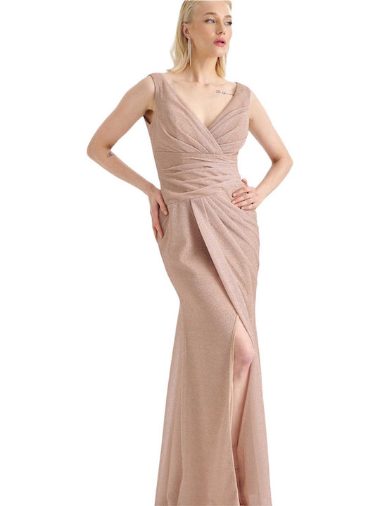 Φόρεμα maxi lurex Bellona με σούρες Nude