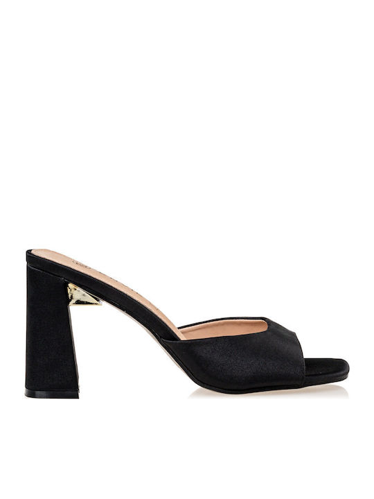 Satin Mules with Chunky High Heel in Black Color