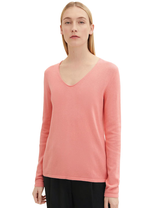 Tom Tailor Damen Langarm Pullover Baumwolle mit V-Ausschnitt Flower Peach