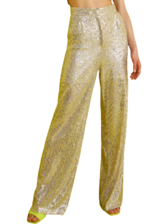 Damen Hoch tailliert Stoff Hose Silber mit Pailletten