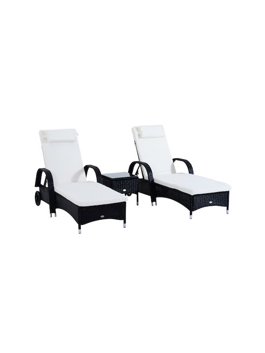 Șezlong-Pat Single Rattan Cu Pernă Negru Set Cu Masă 2 Buc 200x73x103 cm