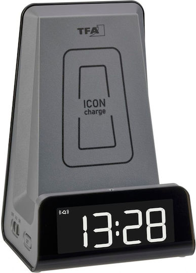 TFA Ceas De Masă Digital Led Din Plastic Cu Ceas Deșteptător Și Încărcare Wireless Negru 60.2033.10