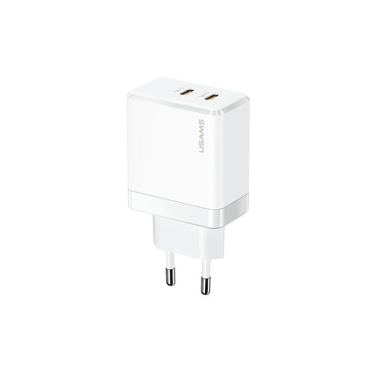 Usams GaN Wireless Charger with 2 USB-C Output Ports 40W Power Delivery White