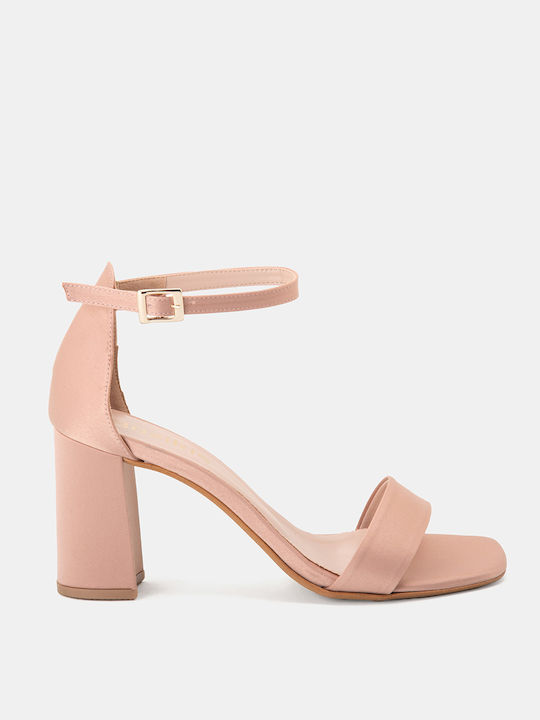 Bozikis Fabric Women's Sandals with Ankle Strap Pink with Chunky High Heel