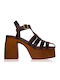 Sante Platform Leather Women's Sandals Brown with Chunky High Heel