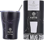 Estia Coffee Mug Save The Aegean Sticlă Termos Oțel inoxidabil Fără BPA Negru 350ml cu Paie