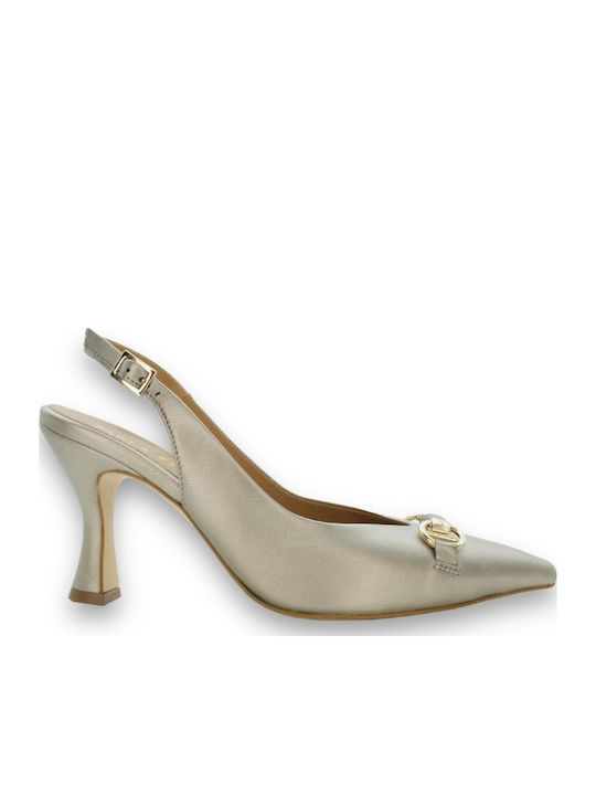 Leather Pointed Toe Silver Heels with Strap