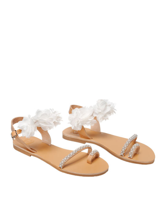 Leather Women's Flat Sandals with Strap in White Color