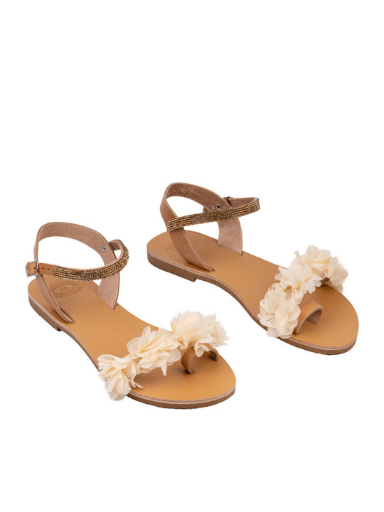 Leather Women's Flat Sandals with Strap in Beige Color