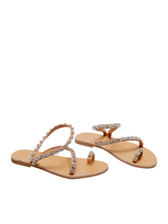Leather Women's Flat Sandals in Silver Color