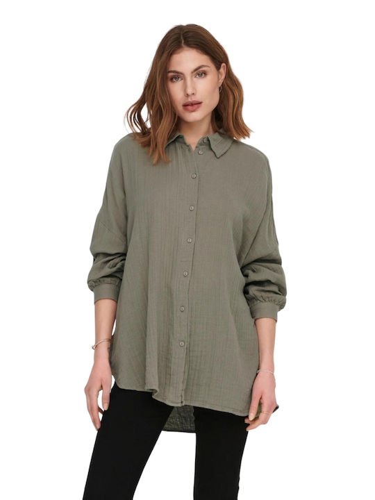 Only Langärmelig Damen Hemd Khaki Monochrom