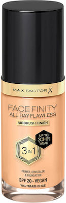 Max Factor Facefinity All Day Flawless Liquid Make Up SPF20 W62 Warm Beige 30ml