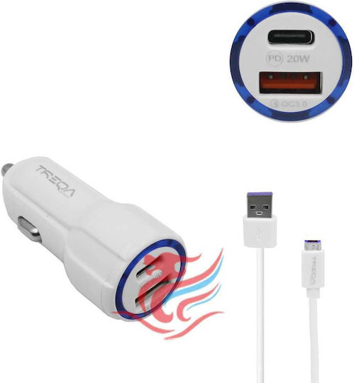 Treqa CS-233-W Car Charger 20W 3.1A Fast Charging with Ports: 2xUSB with Cable Micro-USB White Color