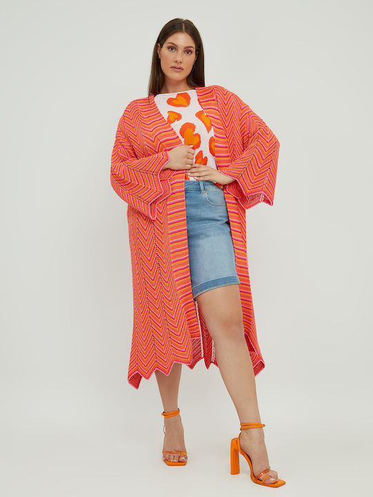 Mat Fashion Plus Size Μακριά Γυναικεία Ζακέτα σε Πορτοκαλί Χρώμα