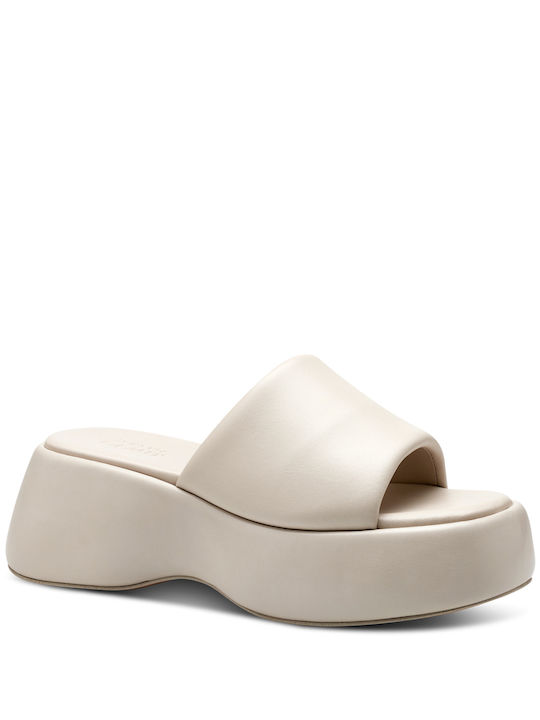 Tamaris Δερμάτινα Mules με Χοντρό Ψηλό Τακούνι σε Μπεζ Χρώμα