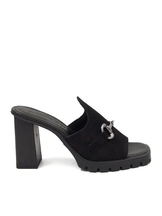 Leather Mules with Chunky High Heel in Black Color