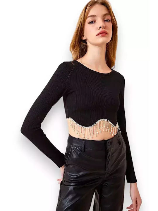 Crop-Bluse Gerippte Bluse mit Schmuck Schwarz