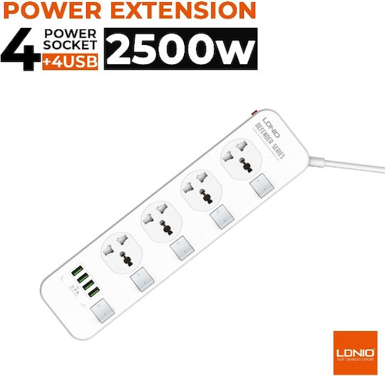 Ldnio SS4408 Πολύπριζο 4 Θέσεων με 4 USB-A, Διακόπτη και Καλώδιο 2m