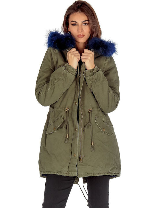 Lang Damen Parka Jacke mit pelziger Kapuze für Winter Khaki PRK-49701 (KHKBL)